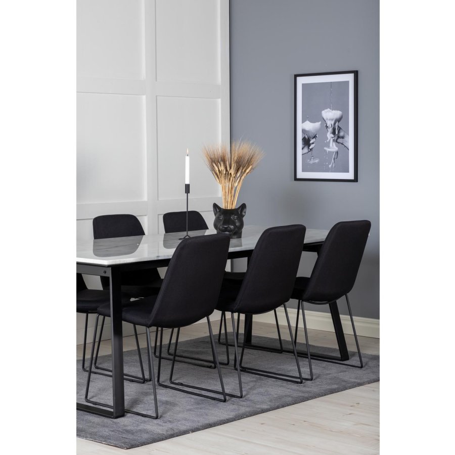 VENTURE DESIGN Estelle spisebordsst, m. 6 stole - hvid marmor/sort metal og sort stof/sort metal