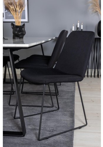 VENTURE DESIGN Estelle spisebordsst, m. 6 stole - hvid marmor/sort metal og sort stof/sort metal
