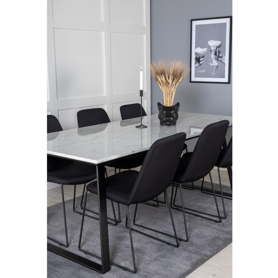 VENTURE DESIGN Estelle spisebordsst, m. 6 stole - hvid marmor/sort metal og sort stof/sort metal