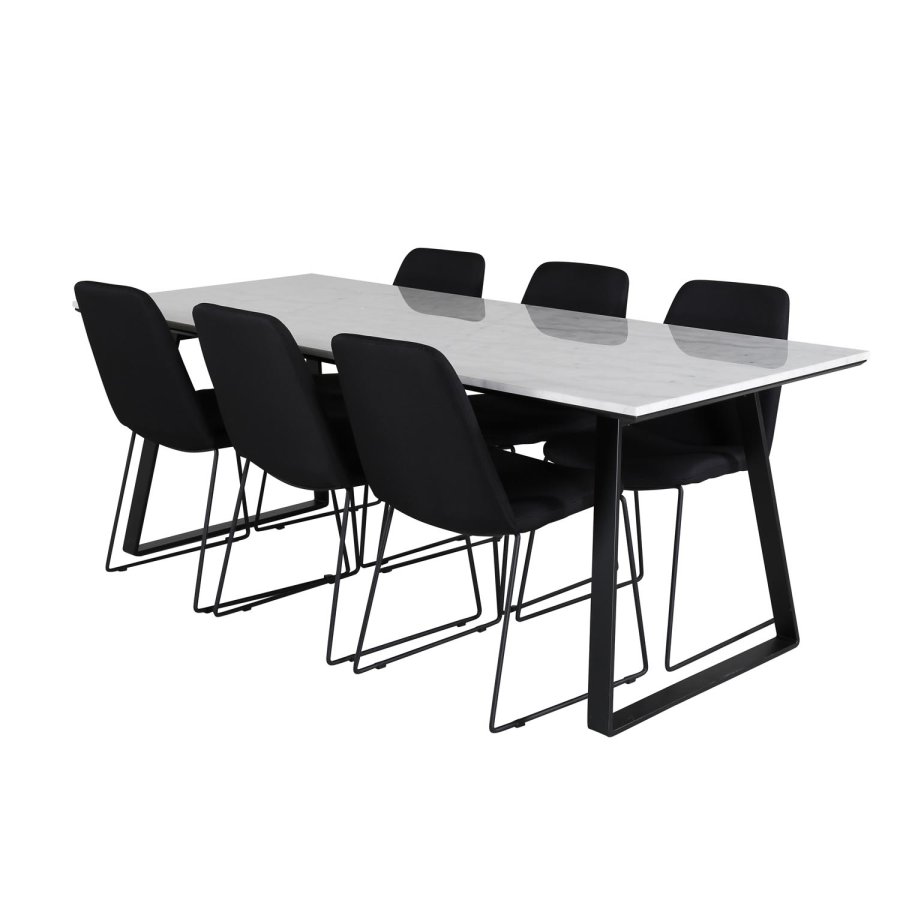 VENTURE DESIGN Estelle spisebordsst, m. 6 stole - hvid marmor/sort metal og sort stof/sort metal