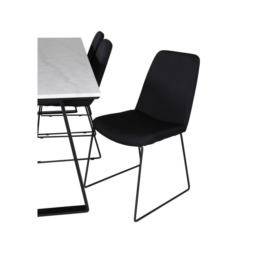 VENTURE DESIGN Estelle spisebordsst, m. 6 stole - hvid marmor/sort metal og sort stof/sort metal