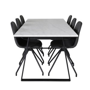 VENTURE DESIGN Estelle Matbordsset, med 6 Stolar - Vit Marmor / Svart Metall och Svart PU / Svart Metall
