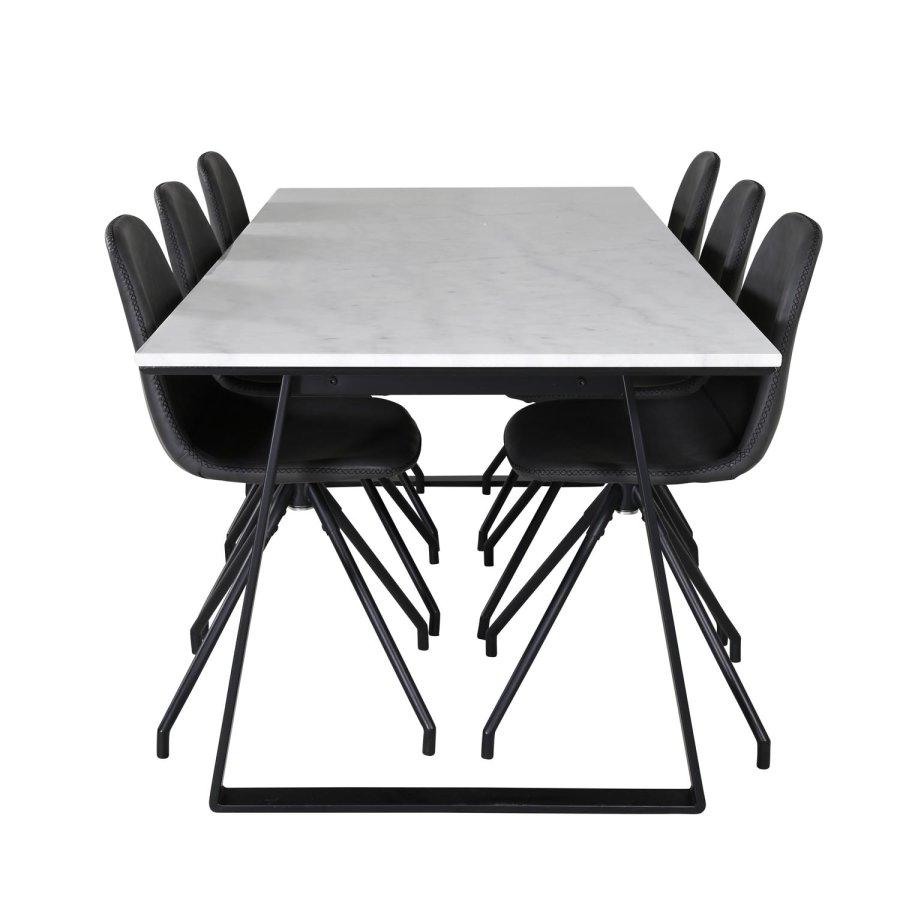VENTURE DESIGN Estelle spisebordsst, m. 6 stole - hvid marmor/sort metal og sort PU/sort metal