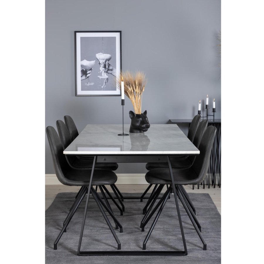 VENTURE DESIGN Estelle spisebordsst, m. 6 stole - hvid marmor/sort metal og sort PU/sort metal