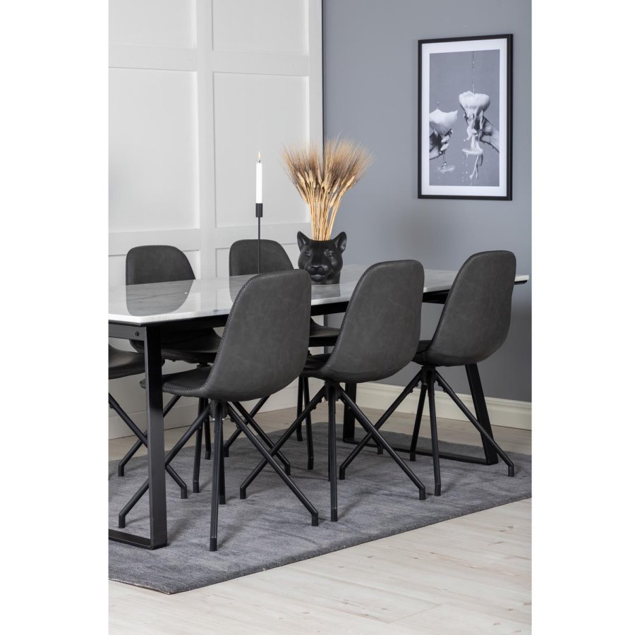 VENTURE DESIGN Estelle spisebordsst, m. 6 stole - hvid marmor/sort metal og sort PU/sort metal