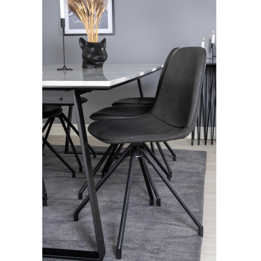 VENTURE DESIGN Estelle spisebordsst, m. 6 stole - hvid marmor/sort metal og sort PU/sort metal