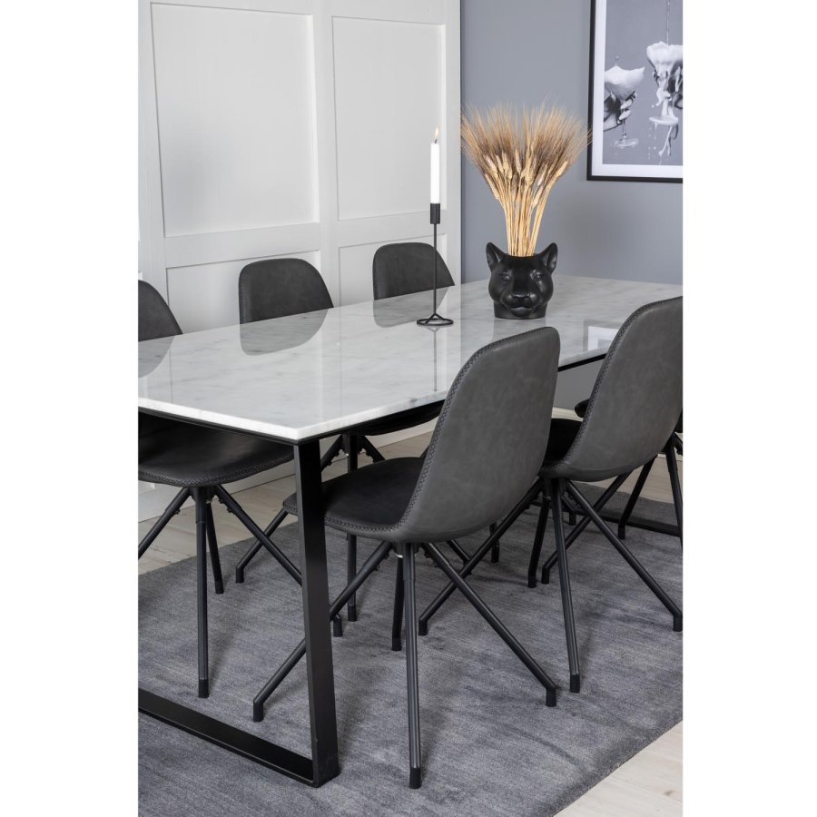 VENTURE DESIGN Estelle spisebordsst, m. 6 stole - hvid marmor/sort metal og sort PU/sort metal