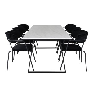 VENTURE DESIGN Estelle Matbordsset, med 6 Stolar - Vit Marmor / Svart Metall och Svart Sammet / Svart Metall