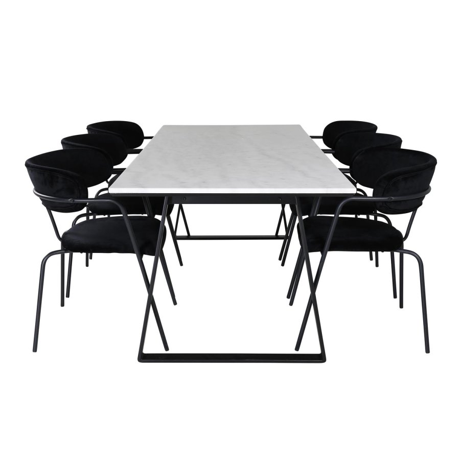 VENTURE DESIGN Estelle spisebordsst, m. 6 stole - hvid marmor/sort metal og sort fljl/sort metal