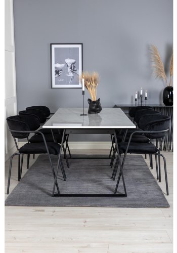VENTURE DESIGN Estelle spisebordsst, m. 6 stole - hvid marmor/sort metal og sort fljl/sort metal