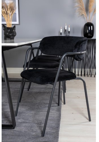 VENTURE DESIGN Estelle spisebordsst, m. 6 stole - hvid marmor/sort metal og sort fljl/sort metal