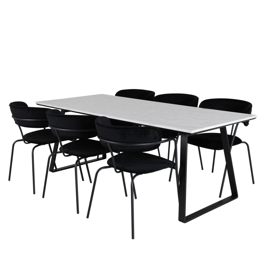 VENTURE DESIGN Estelle spisebordsst, m. 6 stole - hvid marmor/sort metal og sort fljl/sort metal