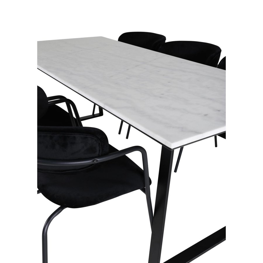 VENTURE DESIGN Estelle spisebordsst, m. 6 stole - hvid marmor/sort metal og sort fljl/sort metal