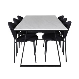 VENTURE DESIGN Estelle Matbordsset, med 6 Stolar - Vit Marmor / Svart Metall och Svart Tyg / Svart Metall