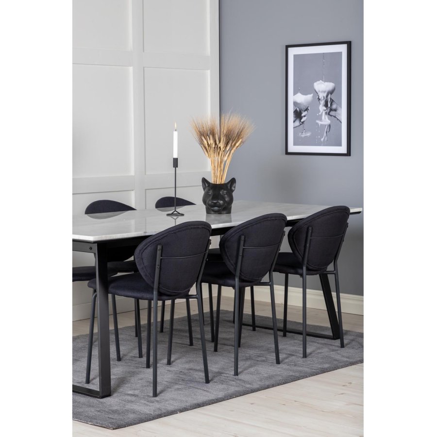 VENTURE DESIGN Estelle spisebordsst, m. 6 stole - hvid marmor/sort metal og sort stof/sort metal