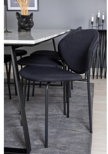 VENTURE DESIGN Estelle spisebordsst, m. 6 stole - hvid marmor/sort metal og sort stof/sort metal