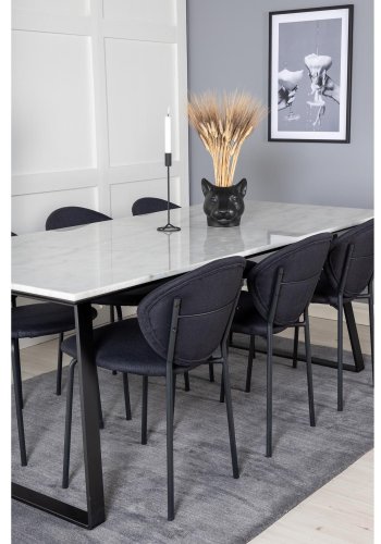 VENTURE DESIGN Estelle spisebordsst, m. 6 stole - hvid marmor/sort metal og sort stof/sort metal