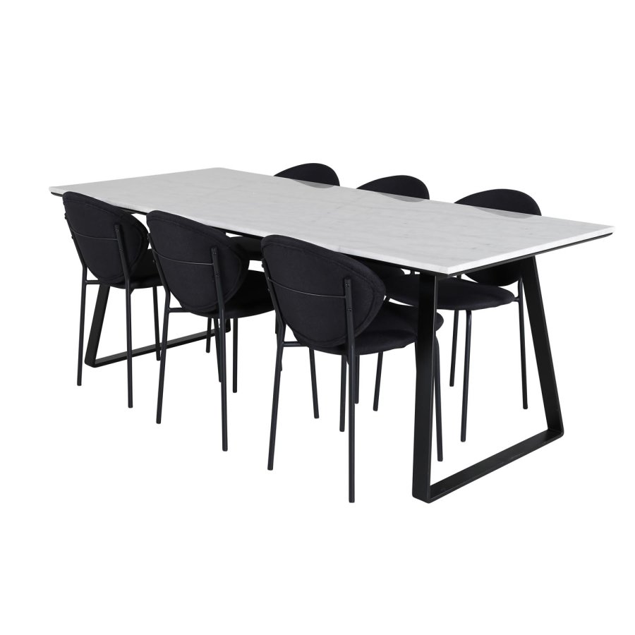 VENTURE DESIGN Estelle spisebordsst, m. 6 stole - hvid marmor/sort metal og sort stof/sort metal