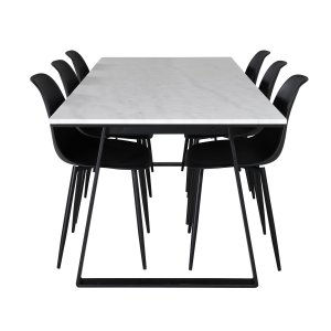 VENTURE DESIGN Estelle Matbordsset, med 6 Stolar - Vit Marmor / Svart Metall och Svart Plast / Svart Metall