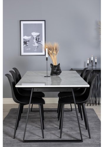VENTURE DESIGN Estelle spisebordsst, m. 6 stole - hvid marmor/sort metal og sort plastik/sort metal