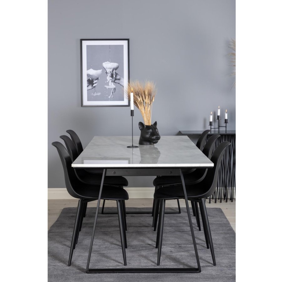 VENTURE DESIGN Estelle spisebordsst, m. 6 stole - hvid marmor/sort metal og sort plastik/sort metal