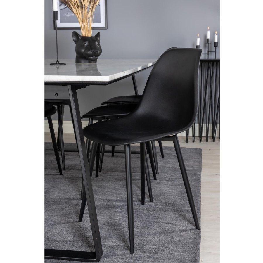 VENTURE DESIGN Estelle spisebordsst, m. 6 stole - hvid marmor/sort metal og sort plastik/sort metal