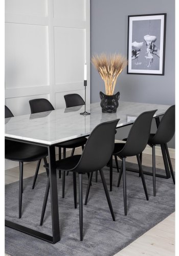 VENTURE DESIGN Estelle spisebordsst, m. 6 stole - hvid marmor/sort metal og sort plastik/sort metal