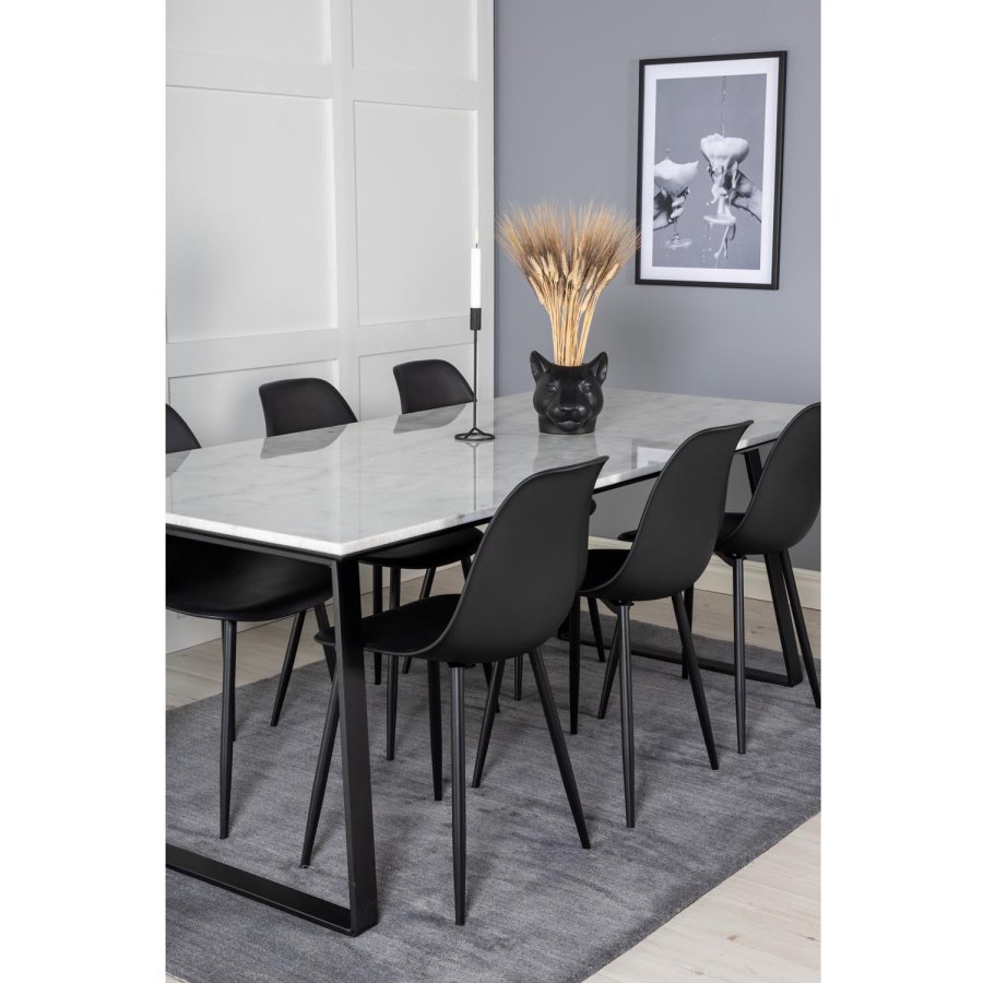 VENTURE DESIGN Estelle spisebordsst, m. 6 stole - hvid marmor/sort metal og sort plastik/sort metal