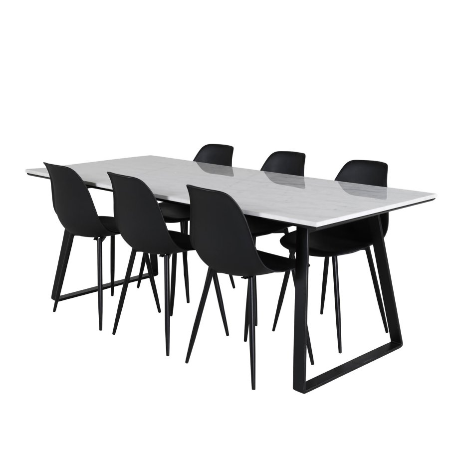 VENTURE DESIGN Estelle spisebordsst, m. 6 stole - hvid marmor/sort metal og sort plastik/sort metal