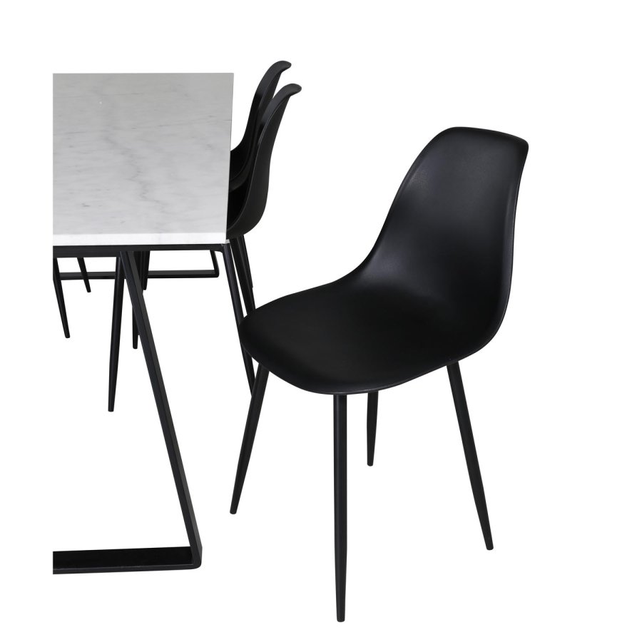VENTURE DESIGN Estelle spisebordsst, m. 6 stole - hvid marmor/sort metal og sort plastik/sort metal