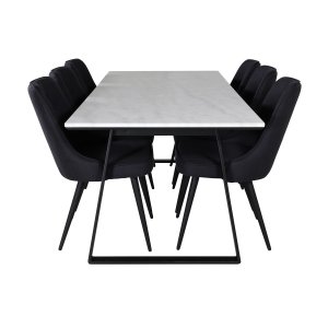VENTURE DESIGN Estelle Matbordsset, med 6 Stolar - Vit Marmor / Svart Metall och Svart Tyg / Svart Metall