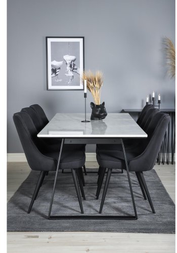 VENTURE DESIGN Estelle spisebordsst, m. 6 stole - hvid marmor/sort metal og sort stof/sort metal