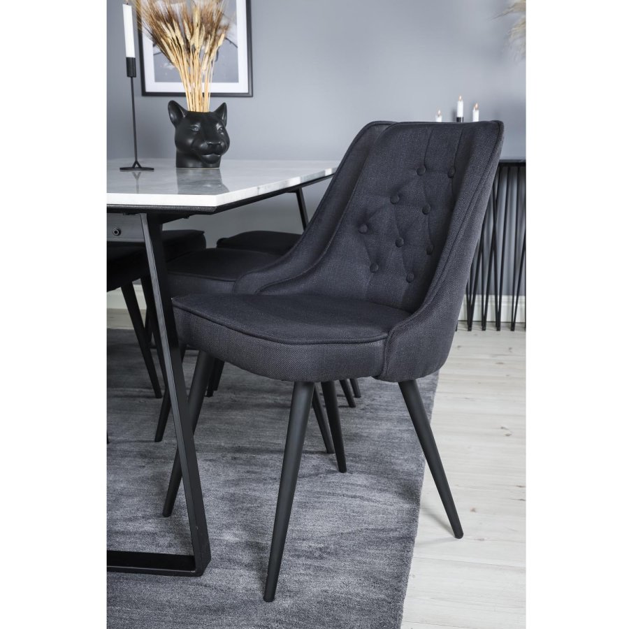 VENTURE DESIGN Estelle spisebordsst, m. 6 stole - hvid marmor/sort metal og sort stof/sort metal