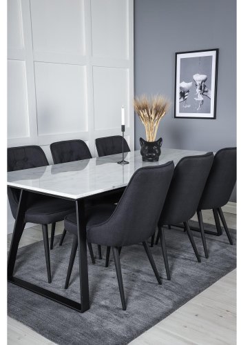 VENTURE DESIGN Estelle spisebordsst, m. 6 stole - hvid marmor/sort metal og sort stof/sort metal