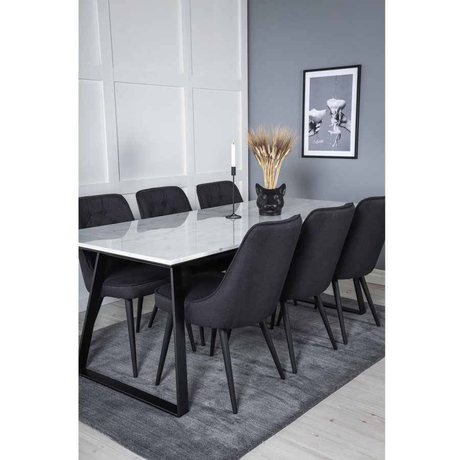 VENTURE DESIGN Estelle spisebordsst, m. 6 stole - hvid marmor/sort metal og sort stof/sort metal