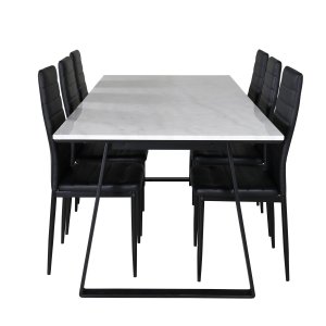VENTURE DESIGN Estelle Matbordsset, med 6 Stolar - Vit Marmor / Svart Metall och Svart PU / Svart Metall
