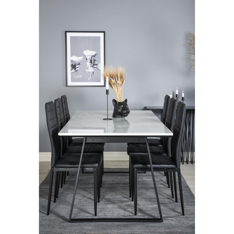 VENTURE DESIGN Estelle spisebordsst, m. 6 stole - hvid marmor/sort metal og sort PU/sort metal