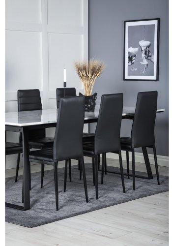 VENTURE DESIGN Estelle spisebordsst, m. 6 stole - hvid marmor/sort metal og sort PU/sort metal
