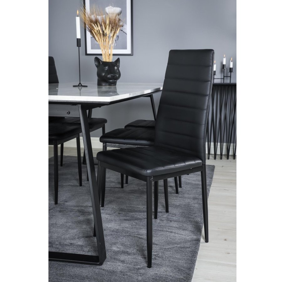 VENTURE DESIGN Estelle spisebordsst, m. 6 stole - hvid marmor/sort metal og sort PU/sort metal