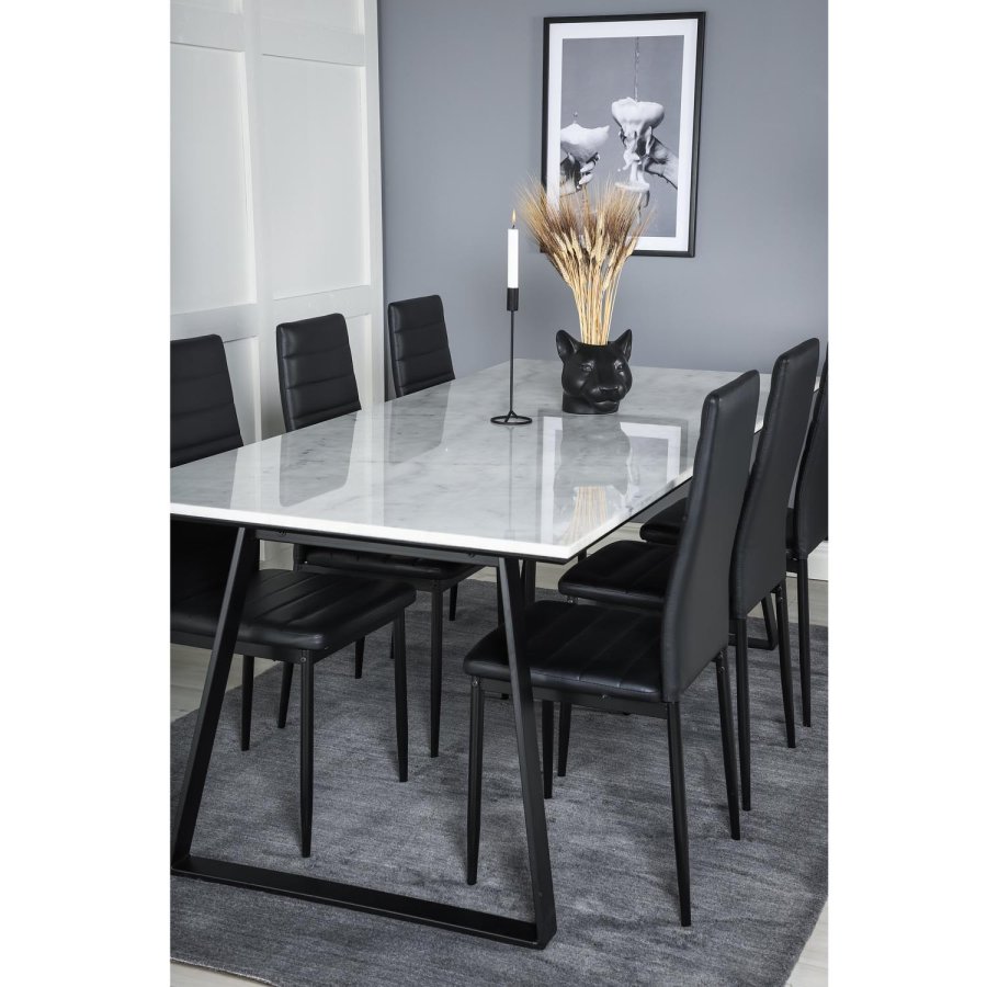 VENTURE DESIGN Estelle spisebordsst, m. 6 stole - hvid marmor/sort metal og sort PU/sort metal