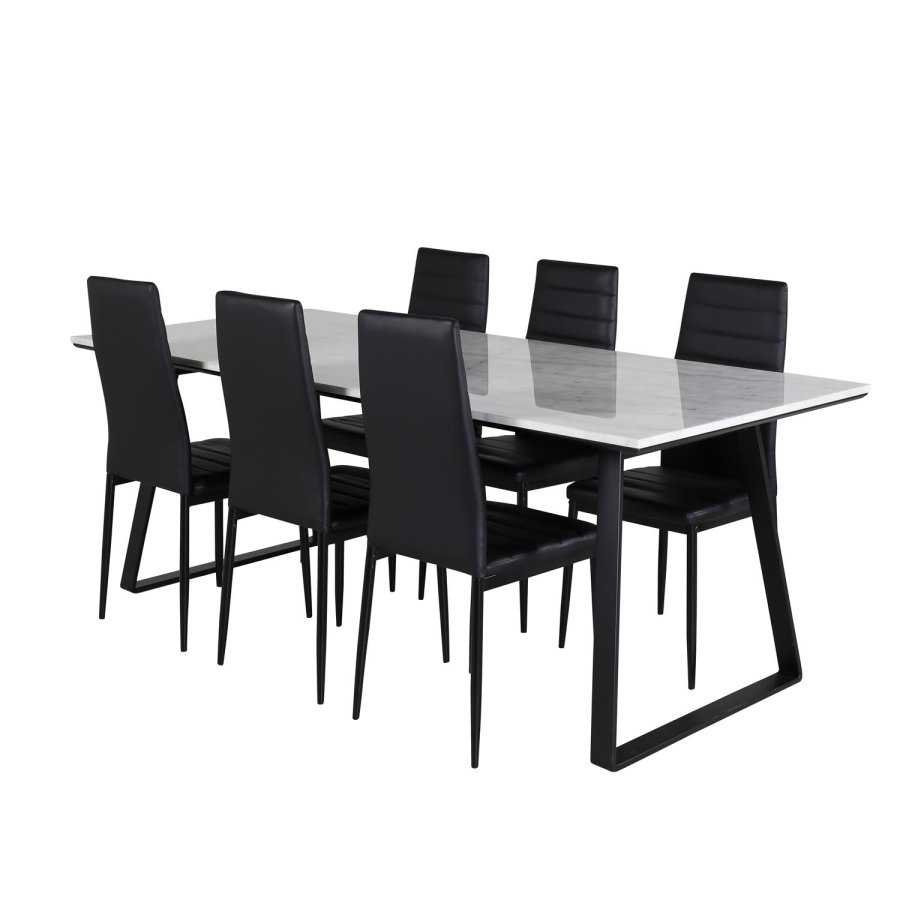 VENTURE DESIGN Estelle spisebordsst, m. 6 stole - hvid marmor/sort metal og sort PU/sort metal