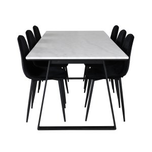 VENTURE DESIGN Estelle Matbordsset, med 6 Stolar - Vit Marmor / Svart Metall och Svart Sammet / Svart Metall