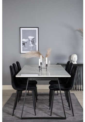 VENTURE DESIGN Estelle spisebordsst, m. 6 stole - hvid marmor/sort metal og sort fljl/sort metal
