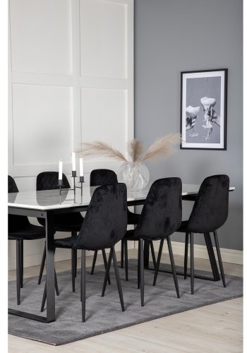 VENTURE DESIGN Estelle spisebordsst, m. 6 stole - hvid marmor/sort metal og sort fljl/sort metal