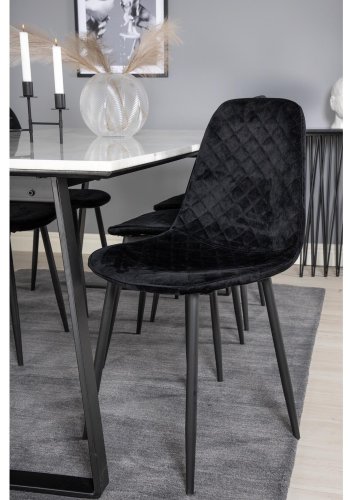VENTURE DESIGN Estelle spisebordsst, m. 6 stole - hvid marmor/sort metal og sort fljl/sort metal
