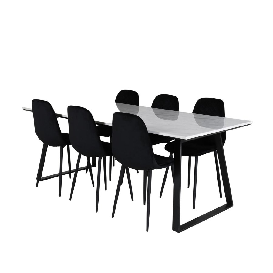 VENTURE DESIGN Estelle spisebordsst, m. 6 stole - hvid marmor/sort metal og sort fljl/sort metal