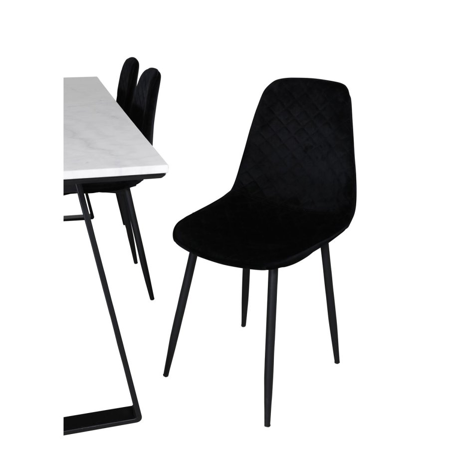 VENTURE DESIGN Estelle spisebordsst, m. 6 stole - hvid marmor/sort metal og sort fljl/sort metal