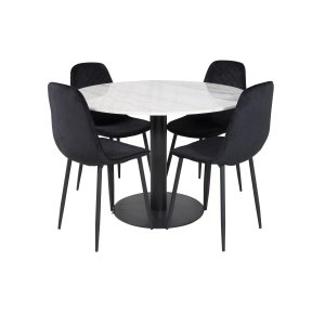 VENTURE DESIGN Estelle Esstisch-Set, mit 4 St&uuml;hlen &ndash; wei&szlig;er Marmor/schwarzes Metall und schwarzer Samt/schwarzes Metall