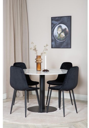 VENTURE DESIGN Estelle Esstisch-Set, mit 4 St&uuml;hlen &ndash; wei&szlig;er Marmor/schwarzes Metall und schwarzer Samt/schwarzes Metall