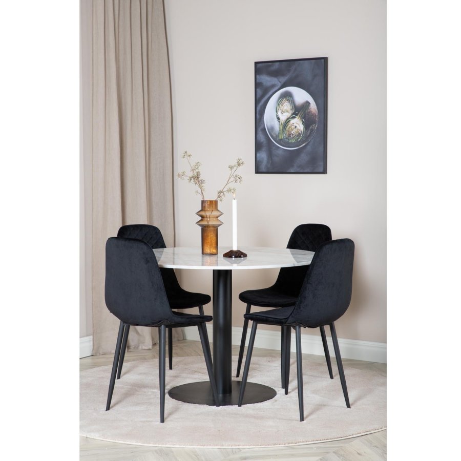 VENTURE DESIGN Estelle Esstisch-Set, mit 4 St&uuml;hlen &ndash; wei&szlig;er Marmor/schwarzes Metall und schwarzer Samt/schwarzes Metall